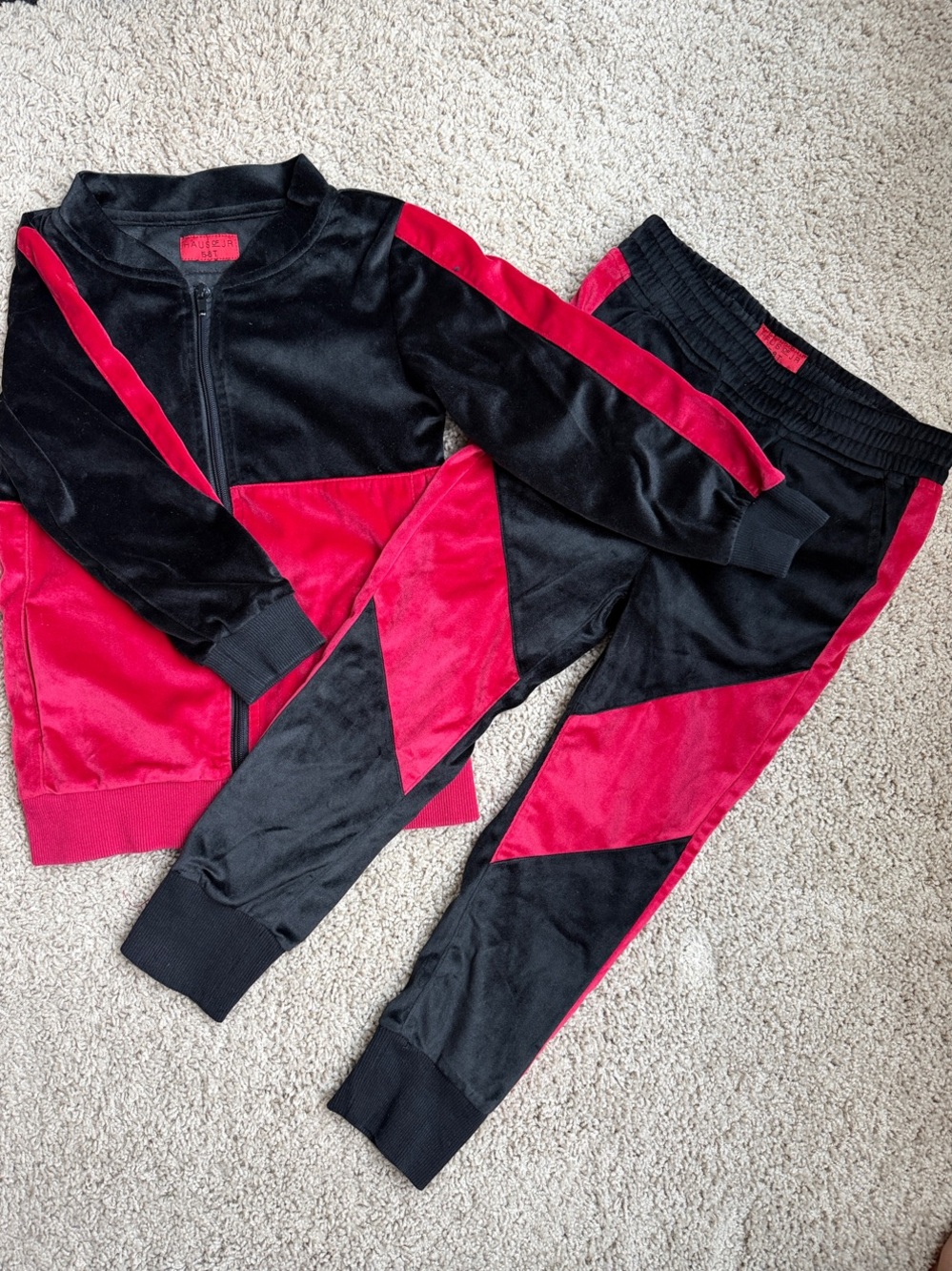 Haus of JR Black and Red Velour Matching Vest-Style Track Set